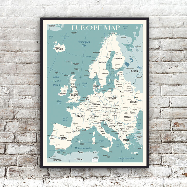 Europakort plakat, antikblå - Plakatvæggen.dk