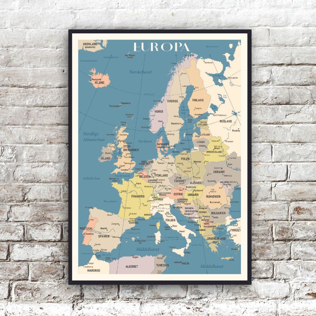Europakort plakat online Køb flotte Europakort på dansk HER!