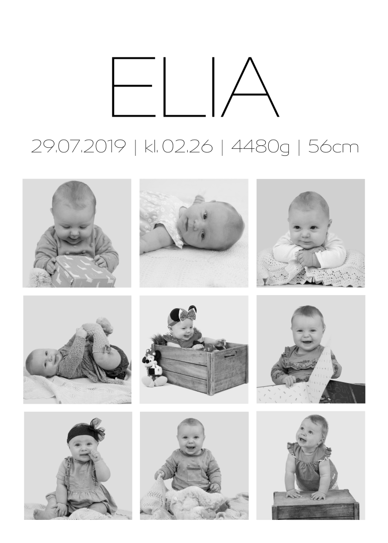 Fotoplakat 9 billeder sort-hvid med navn øverst (Custom)