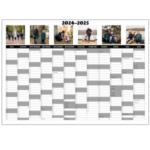 Grå vægkalender for 2024-2025 med seks uploadede billeder i farve