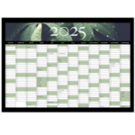 Vægkalender 2025 i sort med motiv af grønne blade