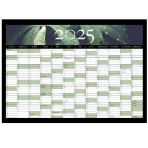 Vægkalender 2025 i sort med motiv af grønne blade