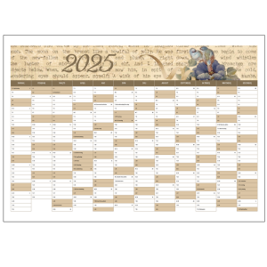 Vægkalender for 2025 i tosca farve med vintage design