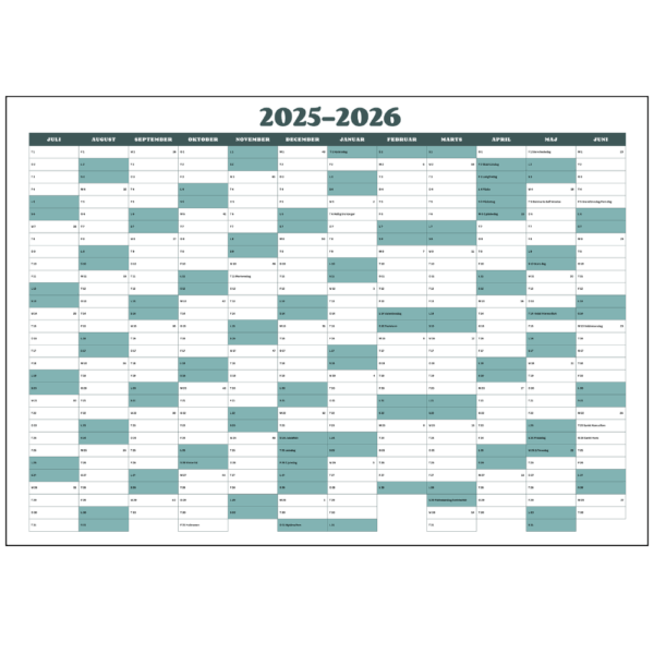 Detaljeret visning af kalenderlayout for skoleåret 2025-2026 – god plads til noter