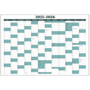 Vægkalender 2025-2026 i simpelt antikblå tema – oversigt over 12 måneder fra juli til juni