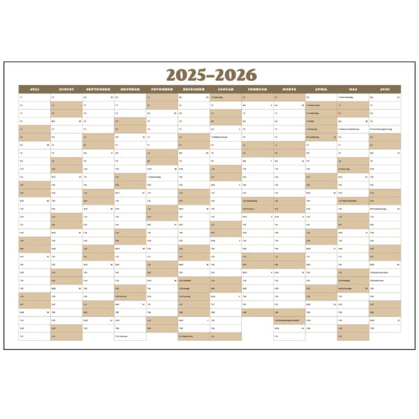 Detaljeret visning af kalenderlayout for skoleåret 2025-2026 – god plads til noter