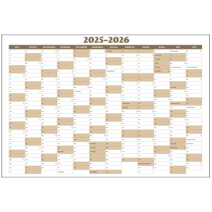 Vægkalender 2025-2026 i simpelt beige tema– oversigt over 12 måneder fra juli til juni