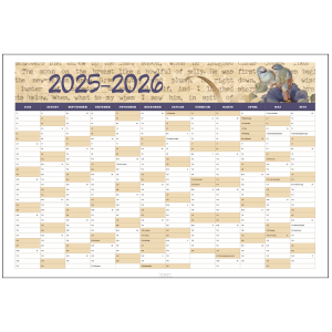 Vægkalender 2025-2026 med vintage illlustrationer – oversigt over 12 måneder fra juli til juni