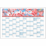 Vægkalender 2025-2026 med kirsebærblomster – oversigt over 12 måneder fra juli til juni