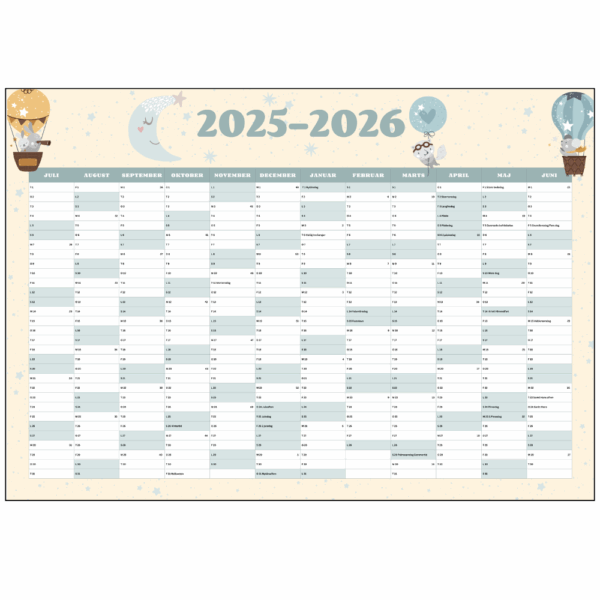 Detaljeret visning af kalenderlayout for skoleåret 2025-2026 – god plads til noter