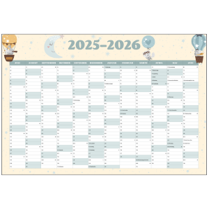 Vægkalender 2025-2026 med ballonillustrationer – oversigt over 12 måneder fra juli til juni