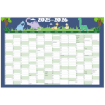 Vægkalender 2025-2026 med dinosaurer illustrationer – oversigt over 12 måneder fra juli til juni