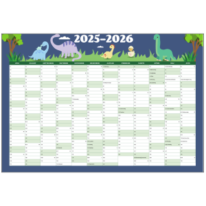 Vægkalender 2025-2026 med dinosaurer illustrationer – oversigt over 12 måneder fra juli til juni