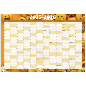 Vægkalender 2025-2026 med smiley illustrationer – oversigt over 12 måneder fra juli til juni