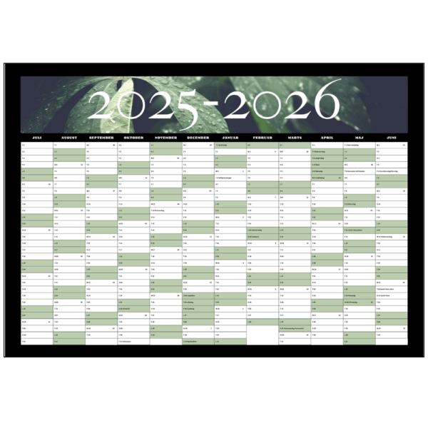 Detaljeret visning af kalenderlayout for skoleåret 2025-2026 – god plads til noter