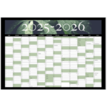 Vægkalender 2025-2026 med kunstdesign i grønne blade – oversigt over 12 måneder fra juli til juni