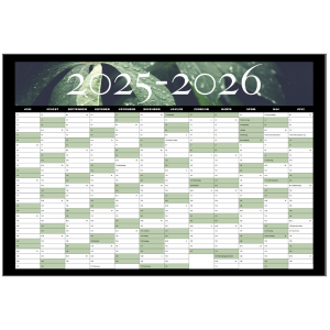 Vægkalender 2025-2026 med kunstdesign i grønne blade – oversigt over 12 måneder fra juli til juni