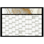 Vægkalender 2025-2026 med guld marmor design – oversigt over 12 måneder fra juli til juni