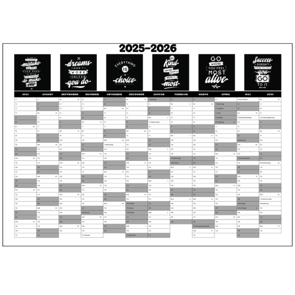 Detaljeret visning af kalenderlayout for skoleåret 2025-2026 – god plads til noter