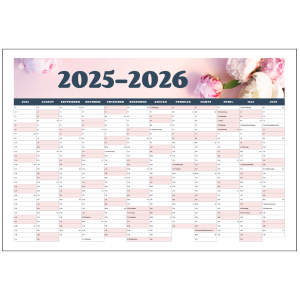 Vægkalender 2025-2026 med pæoner– oversigt over 12 måneder fra juli til juni