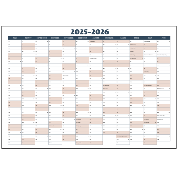 Detaljeret visning af kalenderlayout for skoleåret 2025-2026 – god plads til noter