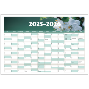 Vægkalender 2025-2026 med frugttræ der blomstrer– oversigt over 12 måneder fra juli til juni