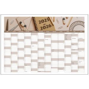 Vægkalender 2025-2026 med studieillustrationer – oversigt over 12 måneder fra juli til juni
