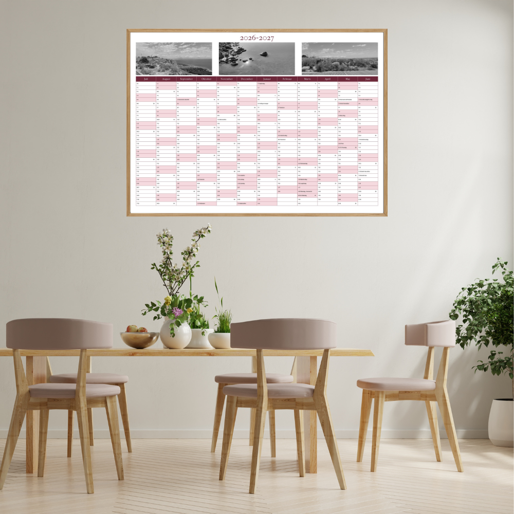 Personlig-vægkalender-2026-2027-3 panorama s-h billeder-rød-miljø